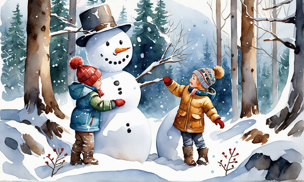 Kinder bauen einen Schneemann im Winterwald, gen ai 