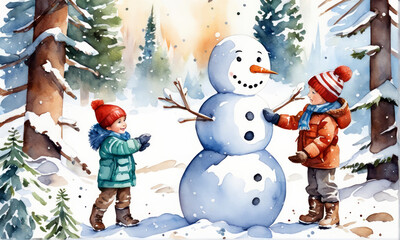 Kinder bauen einen Schneemann im Winterwald, gen ai 