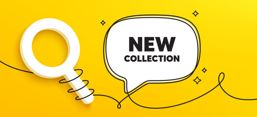 New collection tag. Continuous line chat banner. New fashion arrival sign. Advertising offer symbol. New collection speech bubble message. Wrapped 3d search icon. Vector