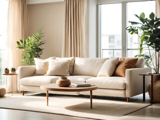 
Modern Minimal clean contemporary living room home interior design daylight background, beige white sofa couch in living room daylight from window freshness moment mock up interior
