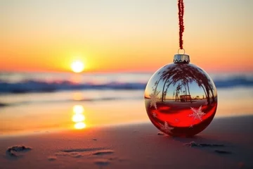 Fotobehang Christmas tree glass ball at sunset on tropical beach © Оксана Олейник