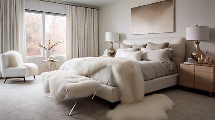 a bedroom with a large bed and a white fur rug.  generative ai