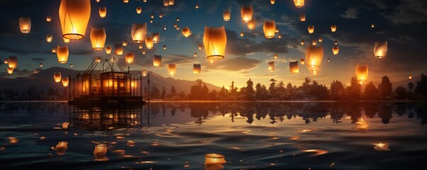 A large group of sky lanterns flying against the backdrop of a beautiful sky over the water