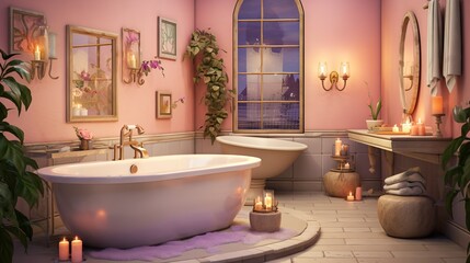  a bathroom with a bathtub, candles and a window.  generative ai
