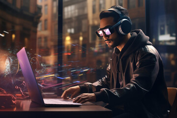 Obraz premium Man wearing a VR headset working on laptop. Integration of modern technology virtual reality into professional occupation. Young professional man effortlessly managing work and business
