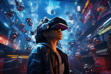 Amazed young woman in a VR headset googles explores the metaverse virtual space in night city. Gaming and futuristic entertainment concept
