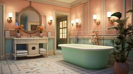 a bathroom with a tub, sink, mirror and a potted plant.  generative ai