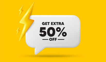 Get Extra 50 percent off Sale. 3d speech bubble banner with power energy. Discount offer price sign. Special offer symbol. Save 50 percentages. Extra discount chat speech message. Vector - obrazy, fototapety, plakaty