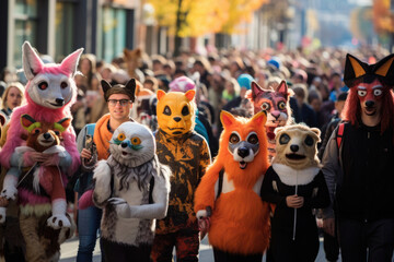 Animal-costumed parade participants filling the city streets with excitement - obrazy, fototapety, plakaty