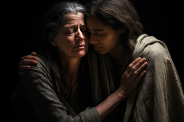 A poignant image depicting a young and an older woman hugging, highlighting the powerful emotional support and connection shared between them
