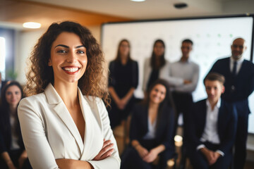 In the midst of eager learners, a businesswoman coach smiles, radiating positivity