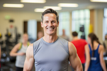 Fototapeta na wymiar A male fitness trainer smiles amid the energetic vibe of a bustling gym