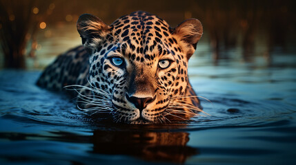 leopardo no lago  - obrazy, fototapety, plakaty
