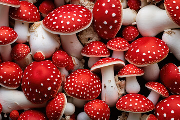 Bright red fly agaric mushrooms. mushroom background - obrazy, fototapety, plakaty