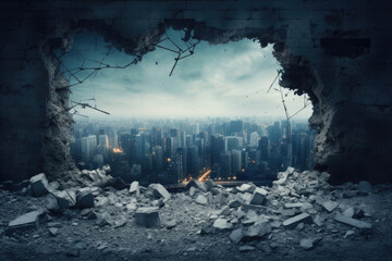 View of the city through a hole in the building. destruction comma bomb effects - obrazy, fototapety, plakaty
