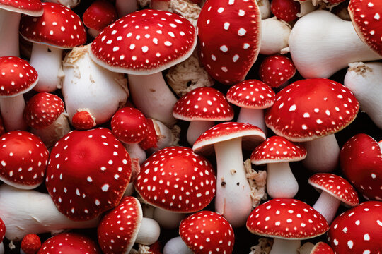 Bright red fly agaric mushrooms. mushroom background