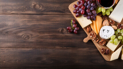 A tastefully arranged cheese platter with grapes, nuts, and wine, set on a rustic wooden board