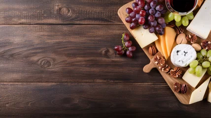 Fotobehang A tastefully arranged cheese platter with grapes, nuts, and wine, set on a rustic wooden board © Artyom