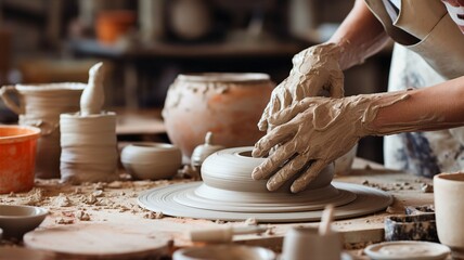 Banner captures an artisan workshop scene, hands molding clay on a pottery wheel, surrounded by ceramic creations - obrazy, fototapety, plakaty