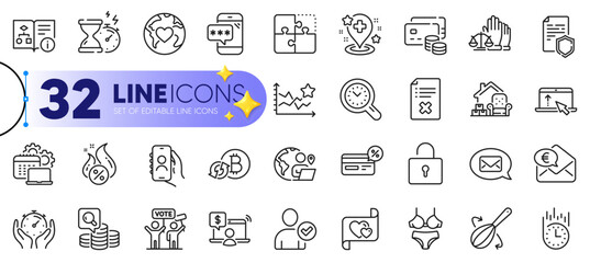 Outline set of Reject file, Technical algorithm and Donation line icons for web with User call, Fast delivery, Lock thin icon. Lingerie, Inspect, Timer pictogram icon. Cooking whisk. Vector