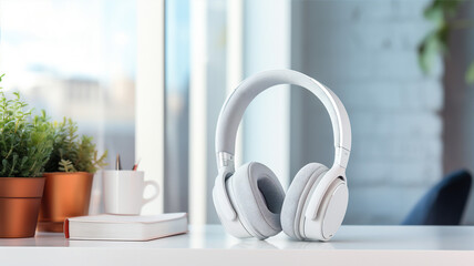 Banner features minimalist white headphones on a clean desk with soft light, hinting at the clarity of sound - obrazy, fototapety, plakaty