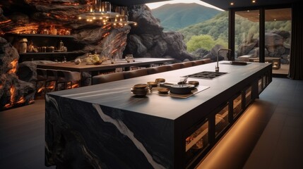 The kitchen of the luxurious mountain villa with that is made out of a unique set of volcano stones. - obrazy, fototapety, plakaty