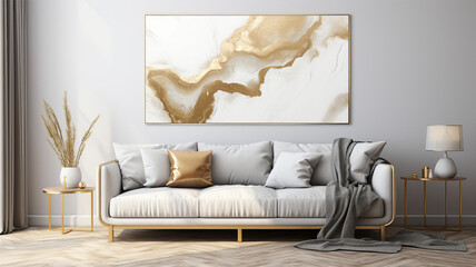 Displaying a chic living room interior with a plush sofa, abstract artwork, and golden decor accents