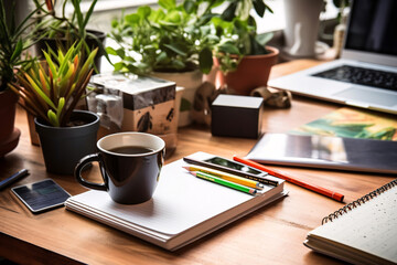 Working place with laptop, coffee cup and stationery on wooden table