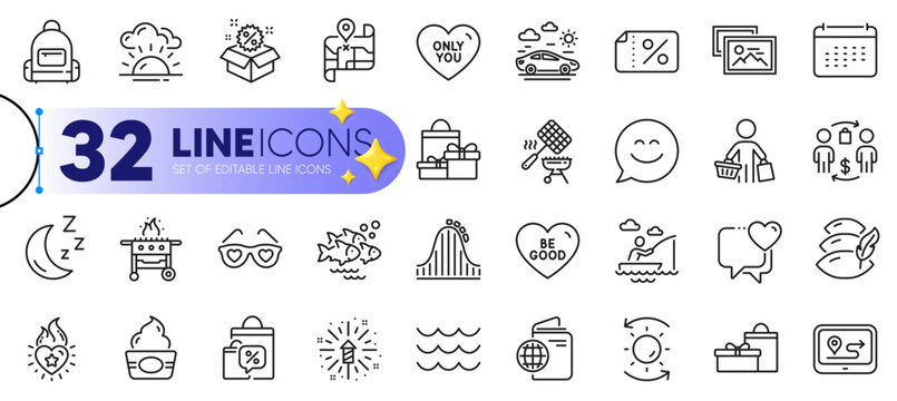 Outline set of Car travel, Smile chat and Gps line icons for web with Waves, Heart, Fish school thin icon. Love glasses, Gas grill, Sale bags pictogram icon. Photo album, Sunset. Vector