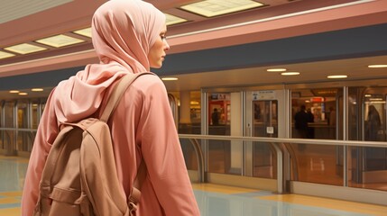 An Arab Muslim woman wearing a headscarf and a travel bag in her hands is traveling. Stands in the waiting room for transport (train, plane)