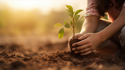 Girl planting a tree, her hands deep in the soil, a gesture of love for nature