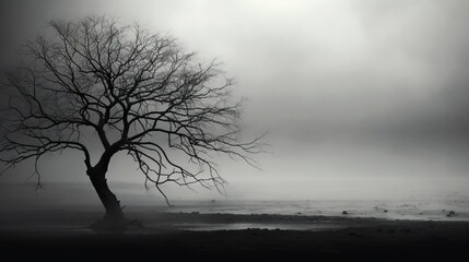  a lone tree in a foggy field near the ocean.  generative ai