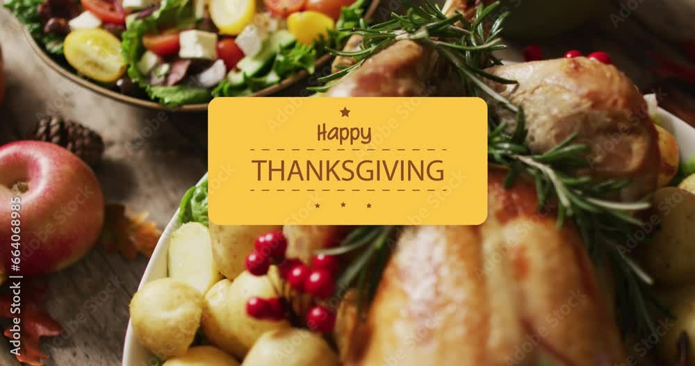 Sticker Animation of happy thanksgiving over dinner on table background