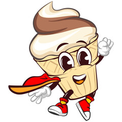 Fototapeta premium character mascot of ice cream cone with funny face superhero is flying with cape, isolated cartoon vector illustration. emoticon, cute ice cream cone mascot