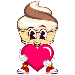 mascot character of an ice cream cone with a cute face carrying a big pink heart, isolated cartoon vector illustration. emoticon, cute ice cream cone mascot