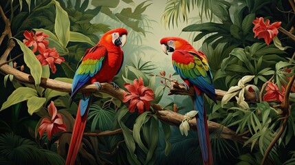  two parrots sitting on a branch in a tropical forest.  generative ai