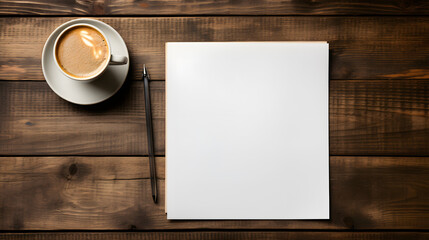 Overhead view of a blank page setup: pen and coffee on wooden table - obrazy, fototapety, plakaty