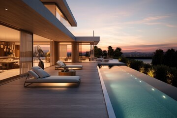 A modern house with a swimming pool and a deck at sunset. - obrazy, fototapety, plakaty