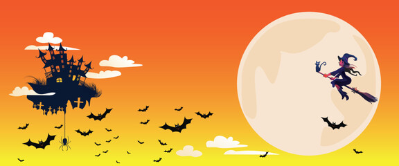 Halloween pumpkin patch in the moonlight. Happy Halloween Orage banner trick or treat with a full moon, bats, pumpkin Party invitation background with text. Vector illustration Flat design