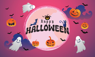 Halloween pumpkin patch in the moonlight. Happy Halloween Purple banner trick or treat with a full moon, bats, pumpkin Party invitation background with text. Vector