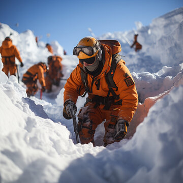 Helpers use evacuation aids to search for people buried in an avalanche, ai regerated