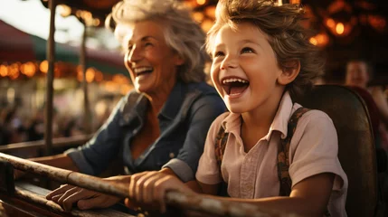 Photo sur Plexiglas Parc dattractions Grandmother and grandson enjoying a day at the amusement park
