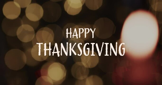 Animation of happy thanksgiving text and spot lights on brown background