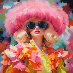 Portrait of a girl with blond hair, big pink hats, blue sunglass and suit with spring flowers.