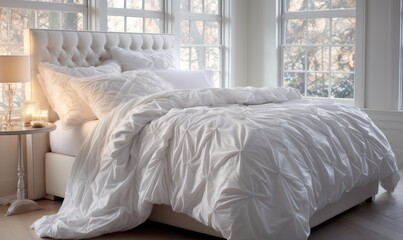 Fototapeta na wymiar Luxurious Bedroom, Comfortable Bed, premium expensive bed sheets, modern premium hotel Interior
