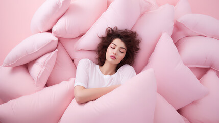 Young woman sleep surrounded by a pile of pillows on a pink pastel background. Creative concept for mattress and pillow store, orthopedic sleep products. - obrazy, fototapety, plakaty