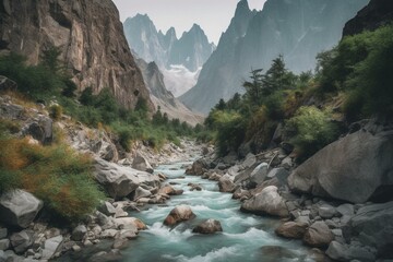 A river flowing through a gorge amidst towering peaks and boulders. Generative AI