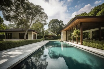 Contemporary home features beautiful garden pool. Generative AI