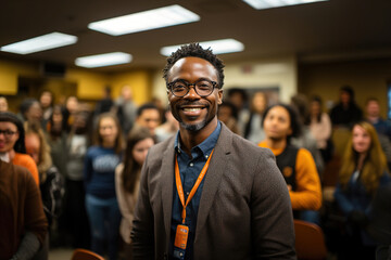Teacher standing in front of a crowd of students. - obrazy, fototapety, plakaty