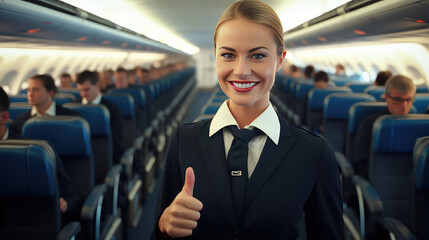 Portrait of young stewardess in uniform against the background of an airplane cabin. First-class service and maintenance of airplane peregrinations. 